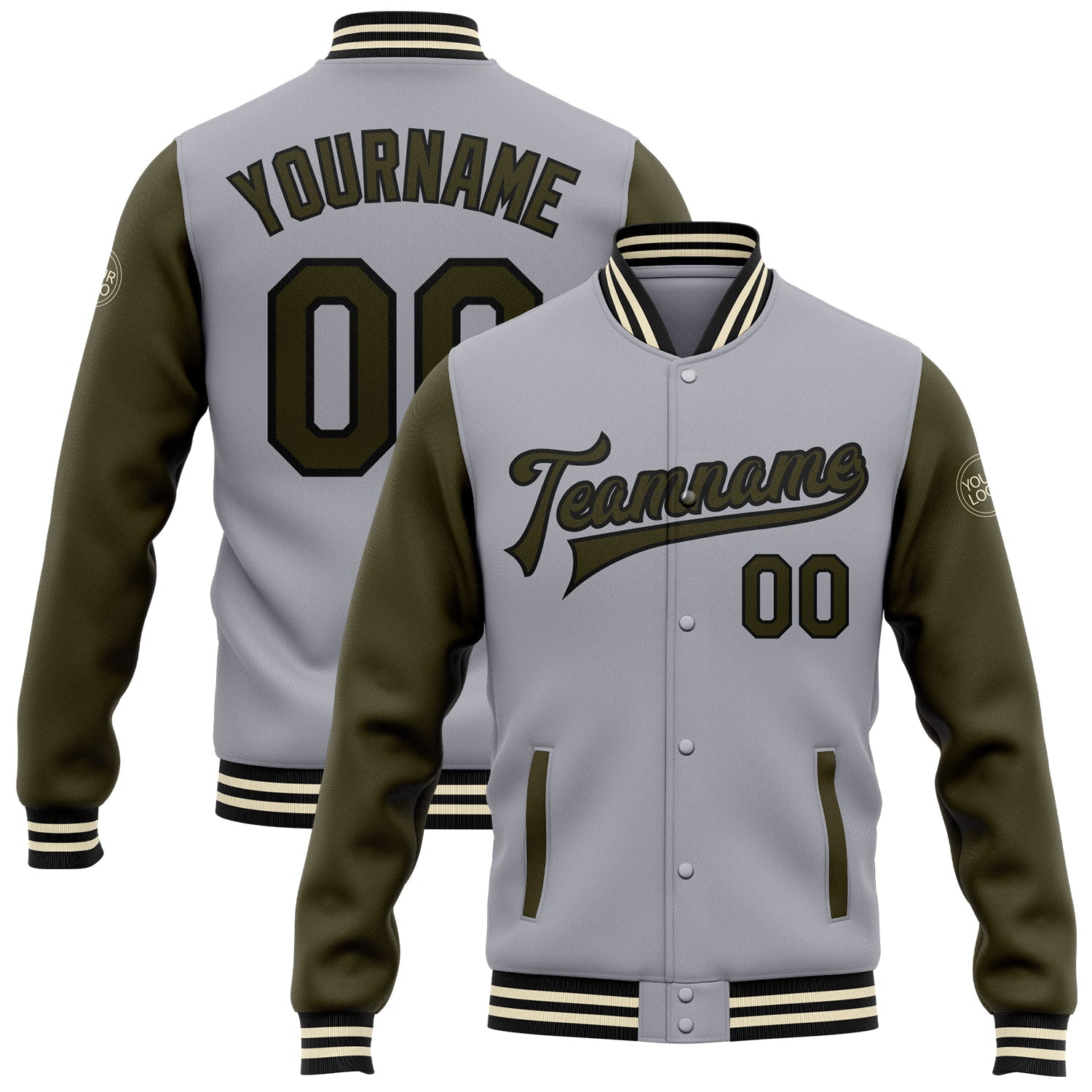 Custom Gray Olive Black-Cream Bomber Full-Snap Varsity Letterman Two Tone Jacket - Main View