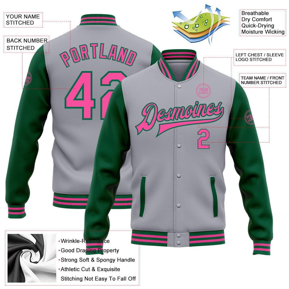 Custom Gray Pink-Kelly Green Bomber Full-Snap Varsity Letterman Two Tone Jacket view 5