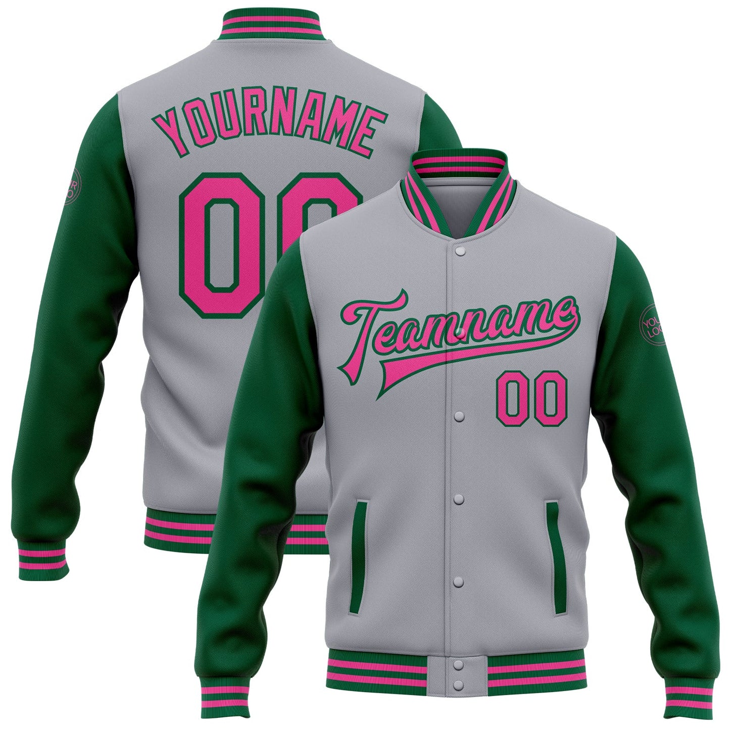 Custom Gray Pink-Kelly Green Bomber Full-Snap Varsity Letterman Two Tone Jacket - Main View
