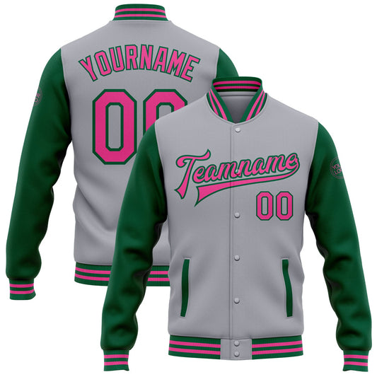 Custom Gray Pink-Kelly Green Bomber Full-Snap Varsity Letterman Two Tone Jacket - Main View