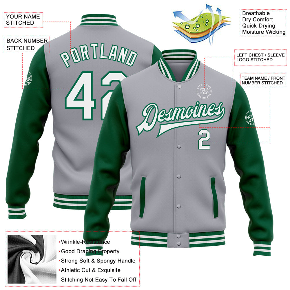 Custom Gray White-Kelly Green Bomber Full-Snap Varsity Letterman Two Tone Jacket view 5