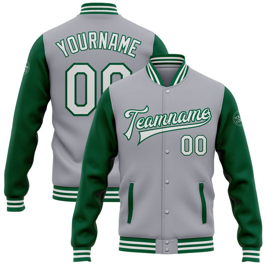 Custom Gray White-Kelly Green Bomber Full-Snap Varsity Letterman Two Tone Jacket - Main View