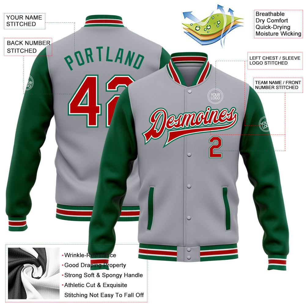 Custom Gray Red-Kelly Green Bomber Full-Snap Varsity Letterman Two Tone Jacket view 5