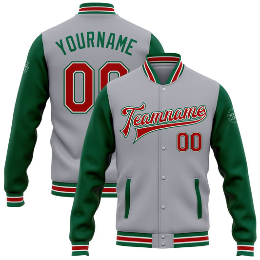 Custom Gray Red-Kelly Green Bomber Full-Snap Varsity Letterman Two Tone Jacket - Main View