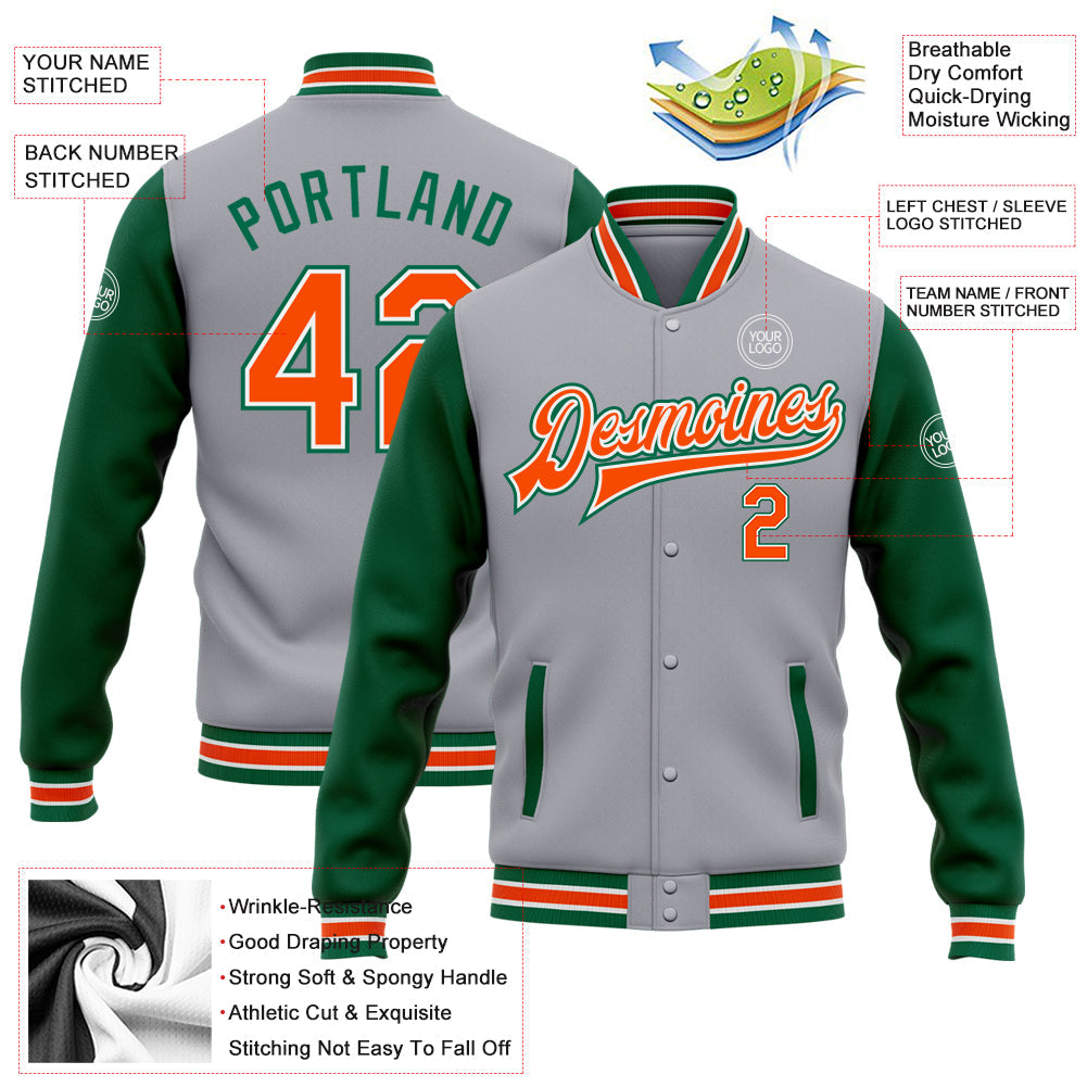 Custom Gray Orange-Kelly Green Bomber Full-Snap Varsity Letterman Two Tone Jacket view 5
