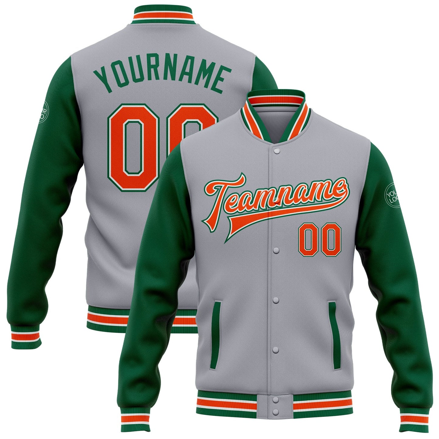 Custom Gray Orange-Kelly Green Bomber Full-Snap Varsity Letterman Two Tone Jacket - Main View