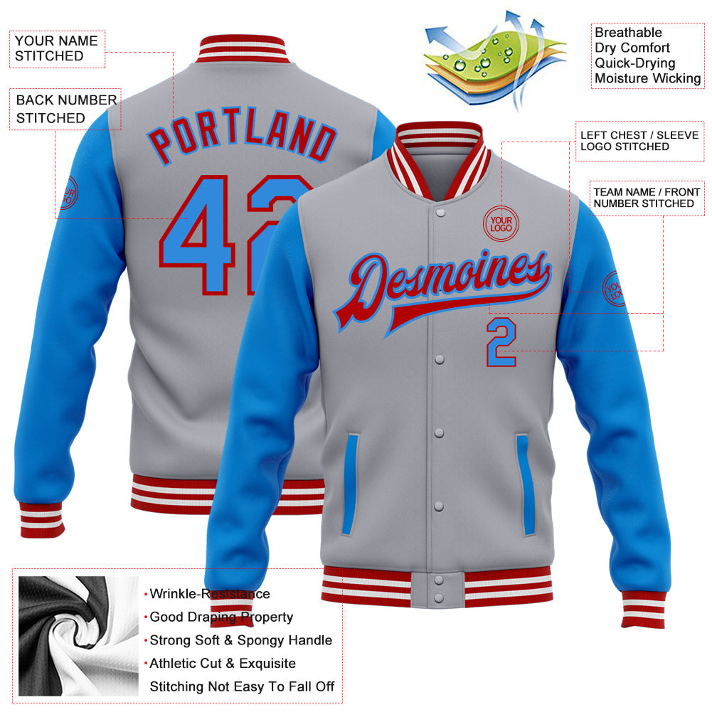 Custom Gray Powder Blue-Red Bomber Full-Snap Varsity Letterman Two Tone Jacket view 5