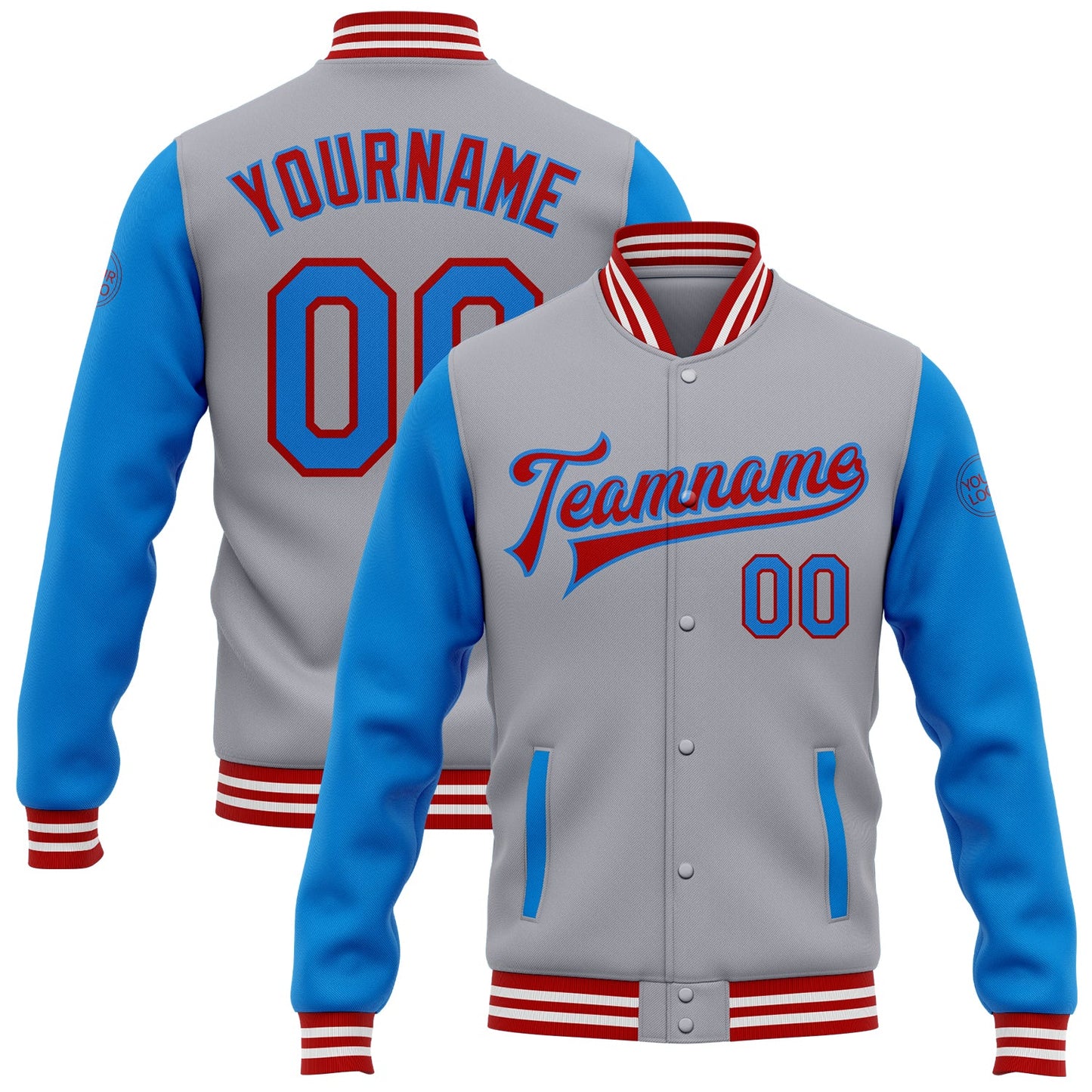 Custom Gray Powder Blue-Red Bomber Full-Snap Varsity Letterman Two Tone Jacket - Main View