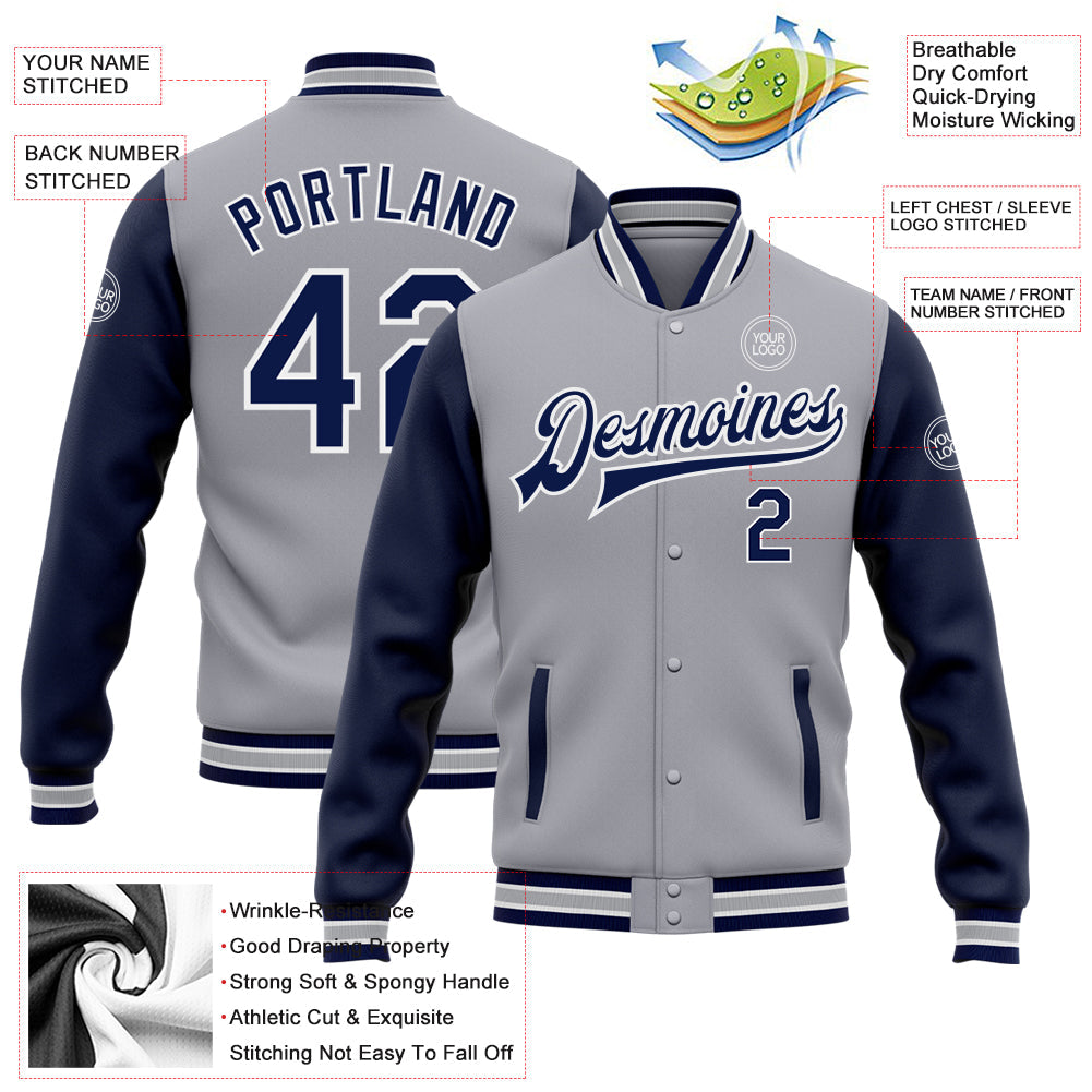 Custom Gray Navy-White Bomber Full-Snap Varsity Letterman Two Tone Jacket view 5