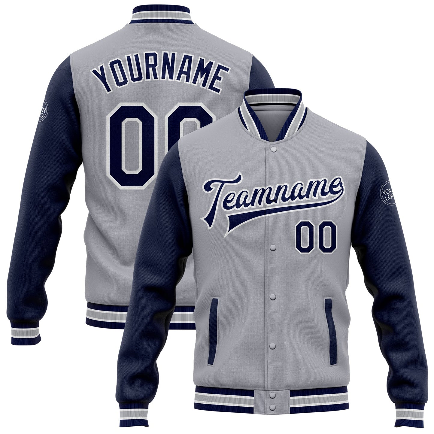 Custom Gray Navy-White Bomber Full-Snap Varsity Letterman Two Tone Jacket - Main View