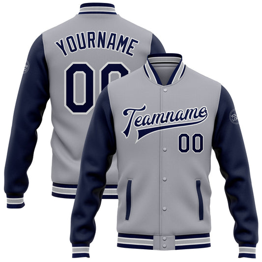 Custom Gray Navy-White Bomber Full-Snap Varsity Letterman Two Tone Jacket - Main View