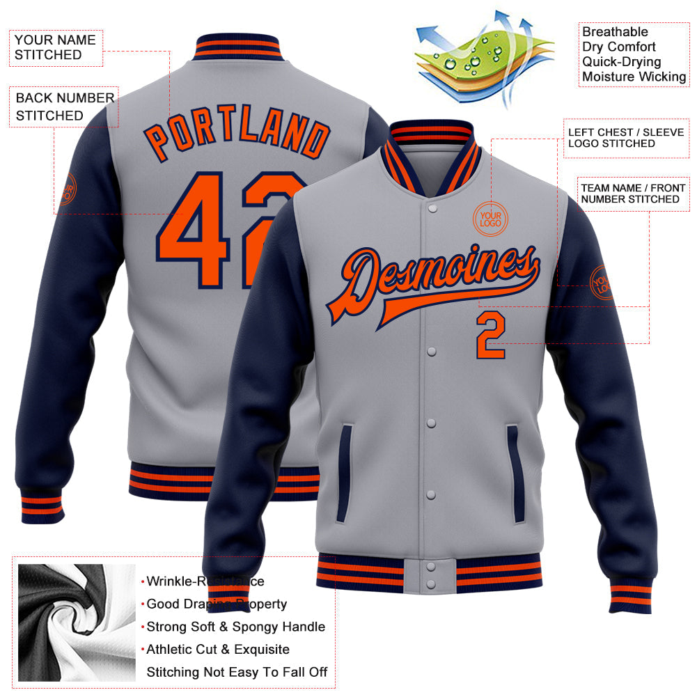Custom Gray Orange-Navy Bomber Full-Snap Varsity Letterman Two Tone Jacket view 5
