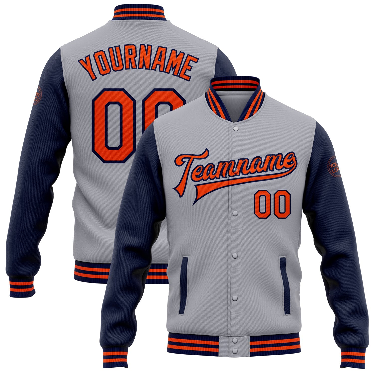 Custom Gray Orange-Navy Bomber Full-Snap Varsity Letterman Two Tone Jacket - Main View