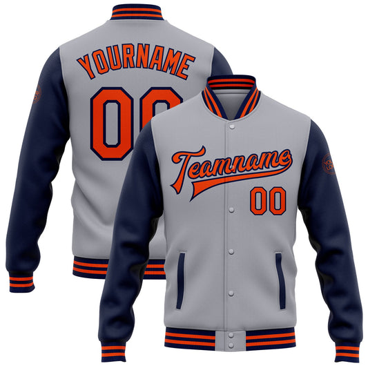 Custom Gray Orange-Navy Bomber Full-Snap Varsity Letterman Two Tone Jacket - Main View