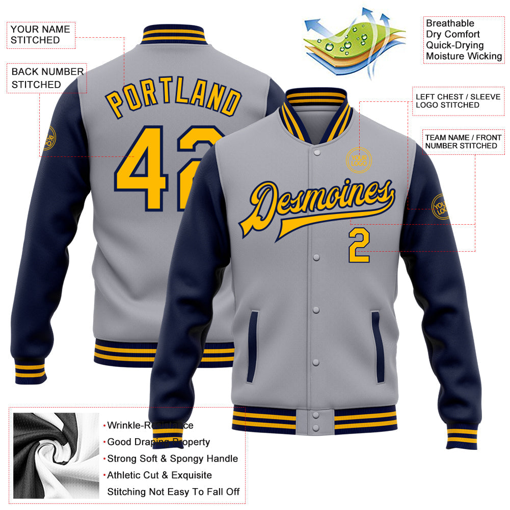 Custom Gray Gold-Navy Bomber Full-Snap Varsity Letterman Two Tone Jacket view 5