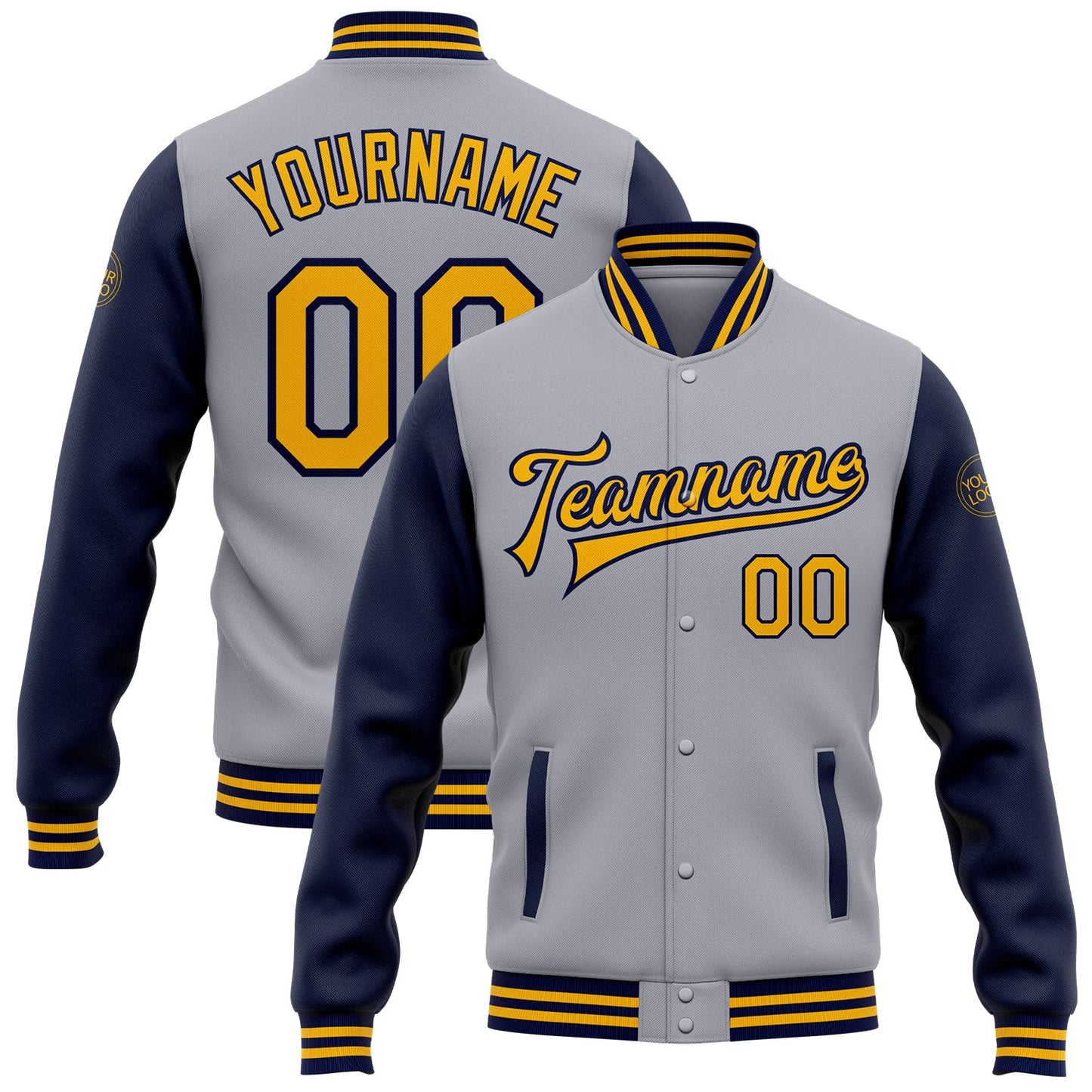 Custom Gray Gold-Navy Bomber Full-Snap Varsity Letterman Two Tone Jacket - Main View