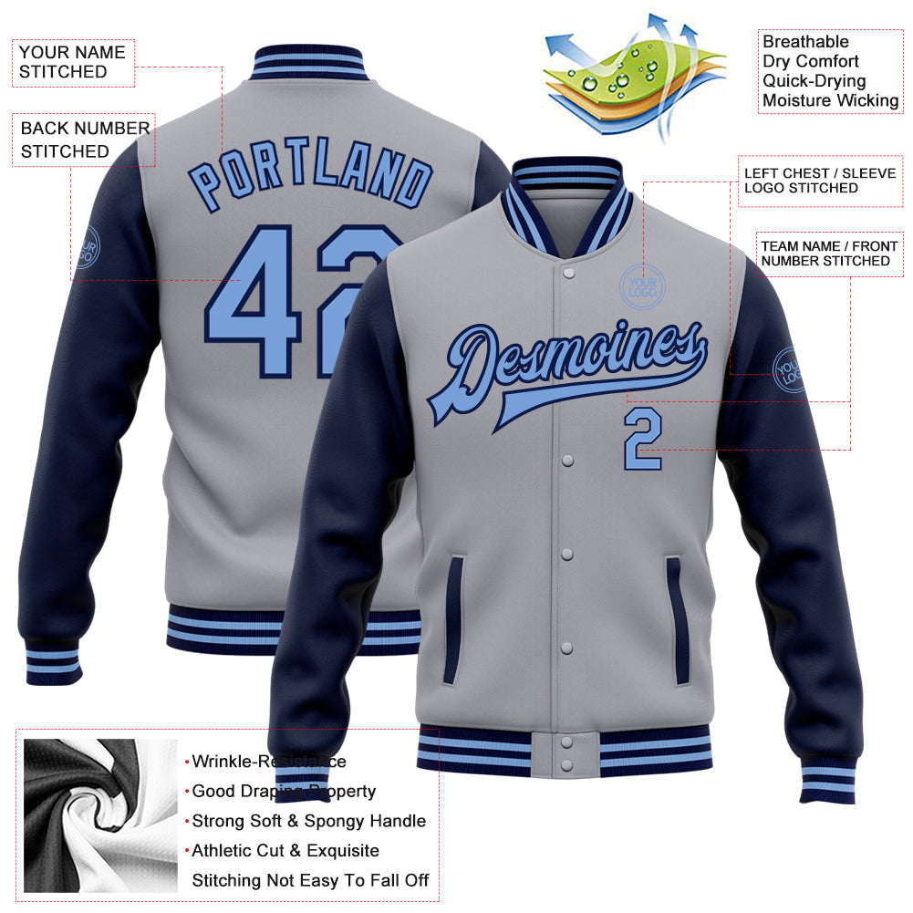Custom Gray Light Blue-Navy Bomber Full-Snap Varsity Letterman Two Tone Jacket view 5