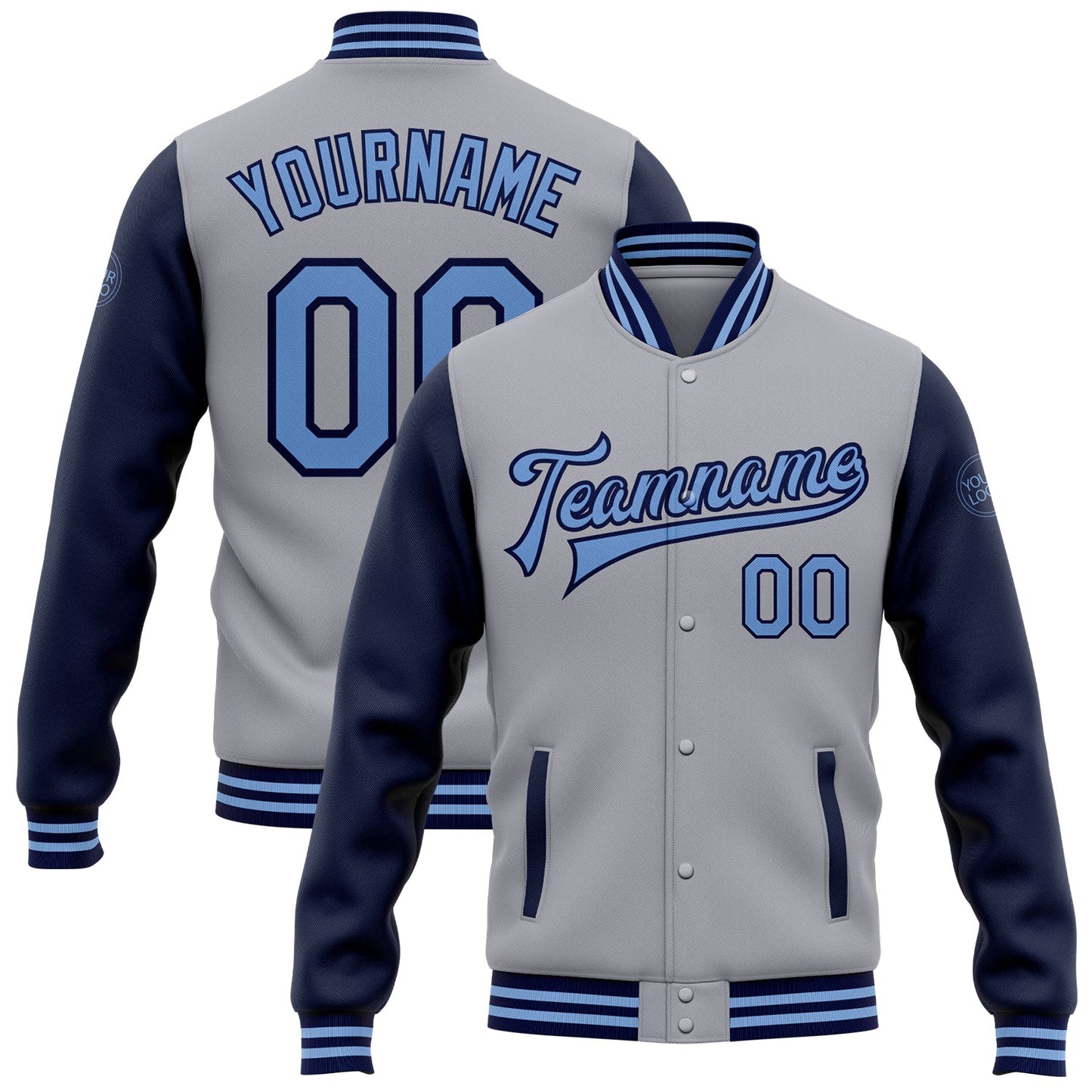 Custom Gray Light Blue-Navy Bomber Full-Snap Varsity Letterman Two Tone Jacket - Main View