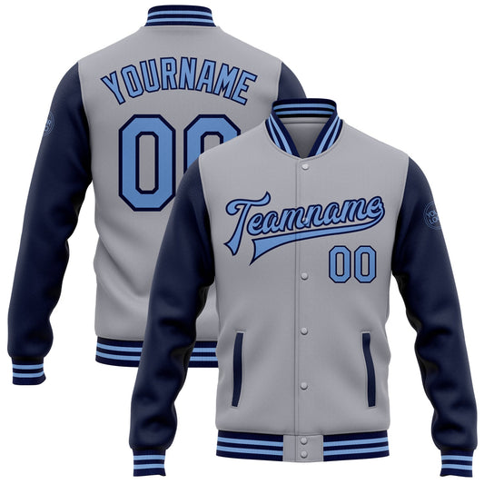 Custom Gray Light Blue-Navy Bomber Full-Snap Varsity Letterman Two Tone Jacket - Main View