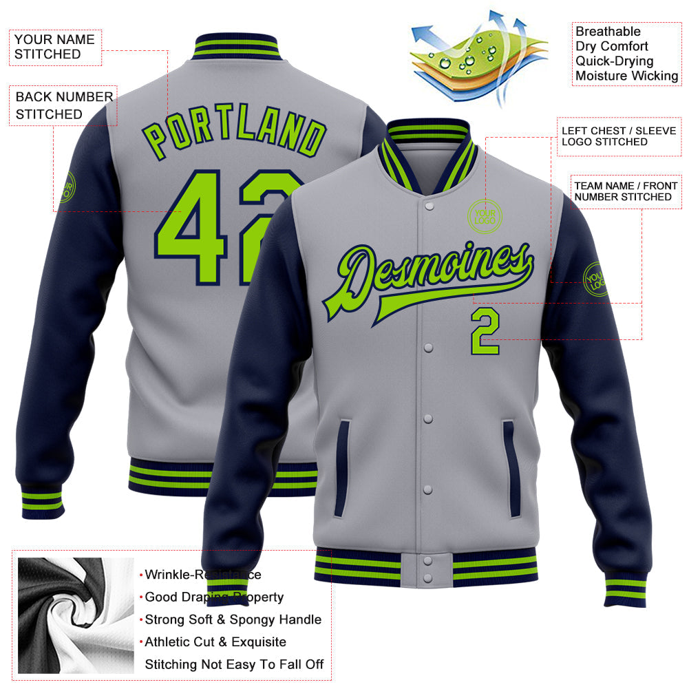 Custom Gray Neon Green-Navy Bomber Full-Snap Varsity Letterman Two Tone Jacket view 5