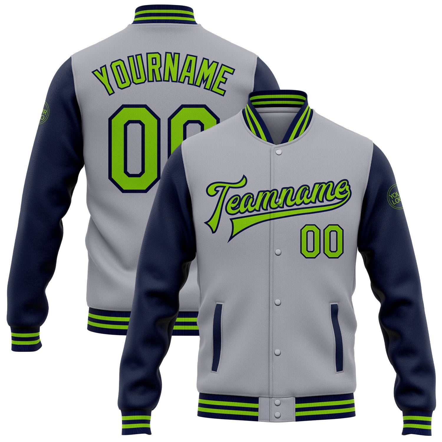 Custom Gray Neon Green-Navy Bomber Full-Snap Varsity Letterman Two Tone Jacket - Main View