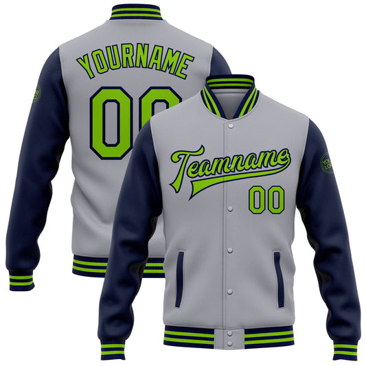 Custom Gray Neon Green-Navy Bomber Full-Snap Varsity Letterman Two Tone Jacket - Main View
