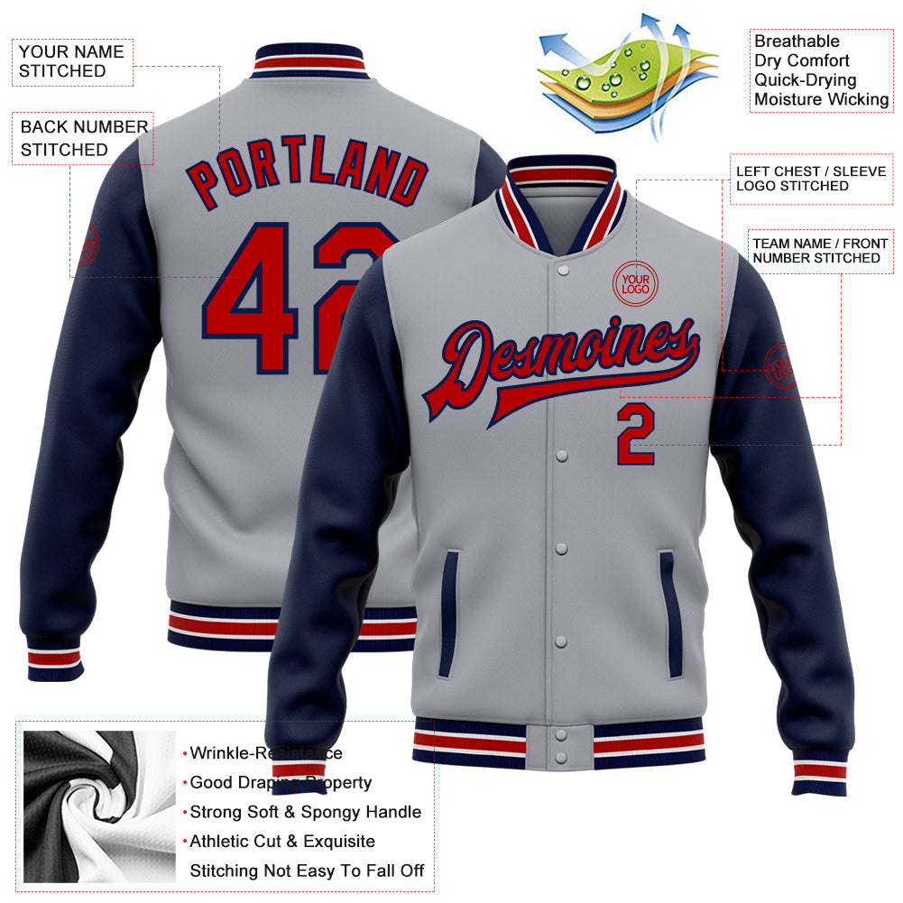 Custom Gray Red-Navy Bomber Full-Snap Varsity Letterman Two Tone Jacket view 5