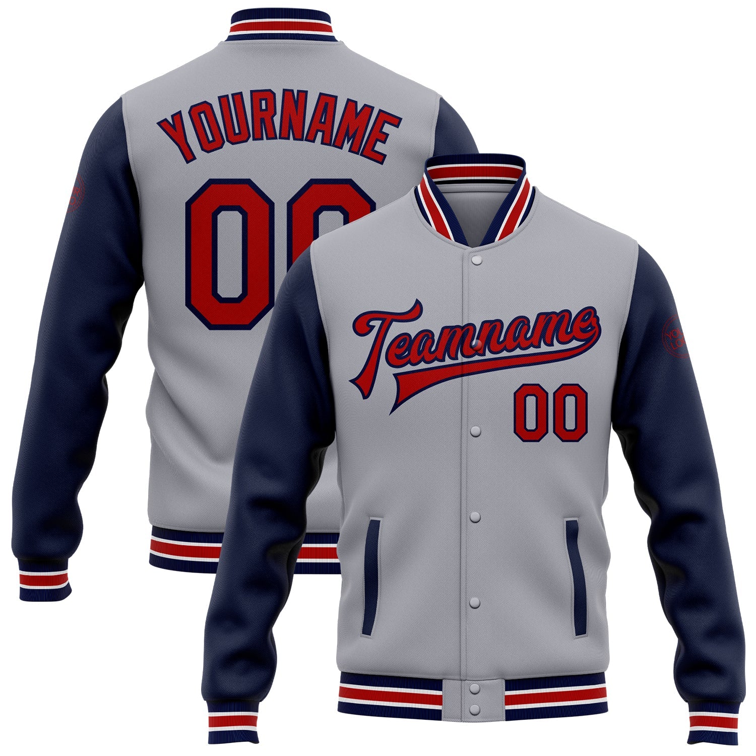 Custom Gray Red-Navy Bomber Full-Snap Varsity Letterman Two Tone Jacket - Main View