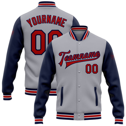Custom Gray Red-Navy Bomber Full-Snap Varsity Letterman Two Tone Jacket - Main View