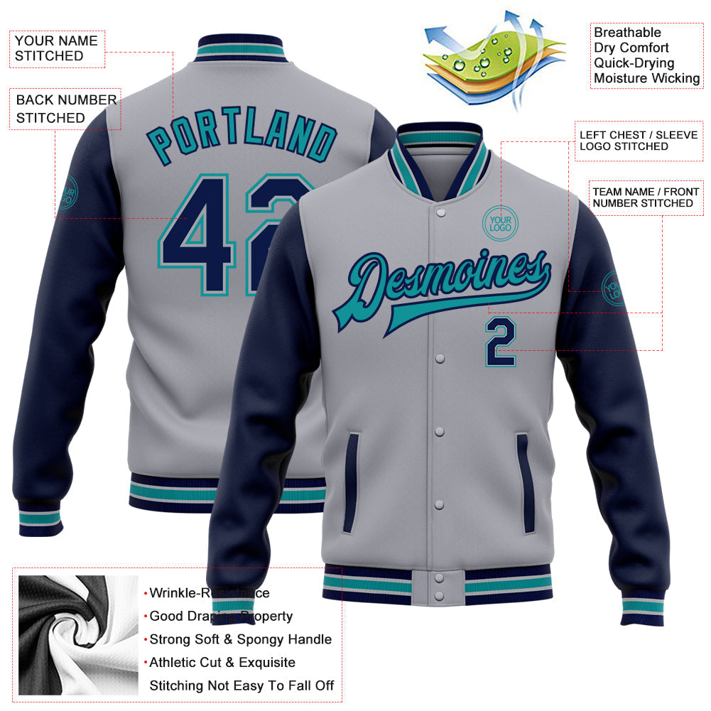 Custom Gray Navy-Teal Bomber Full-Snap Varsity Letterman Two Tone Jacket view 5