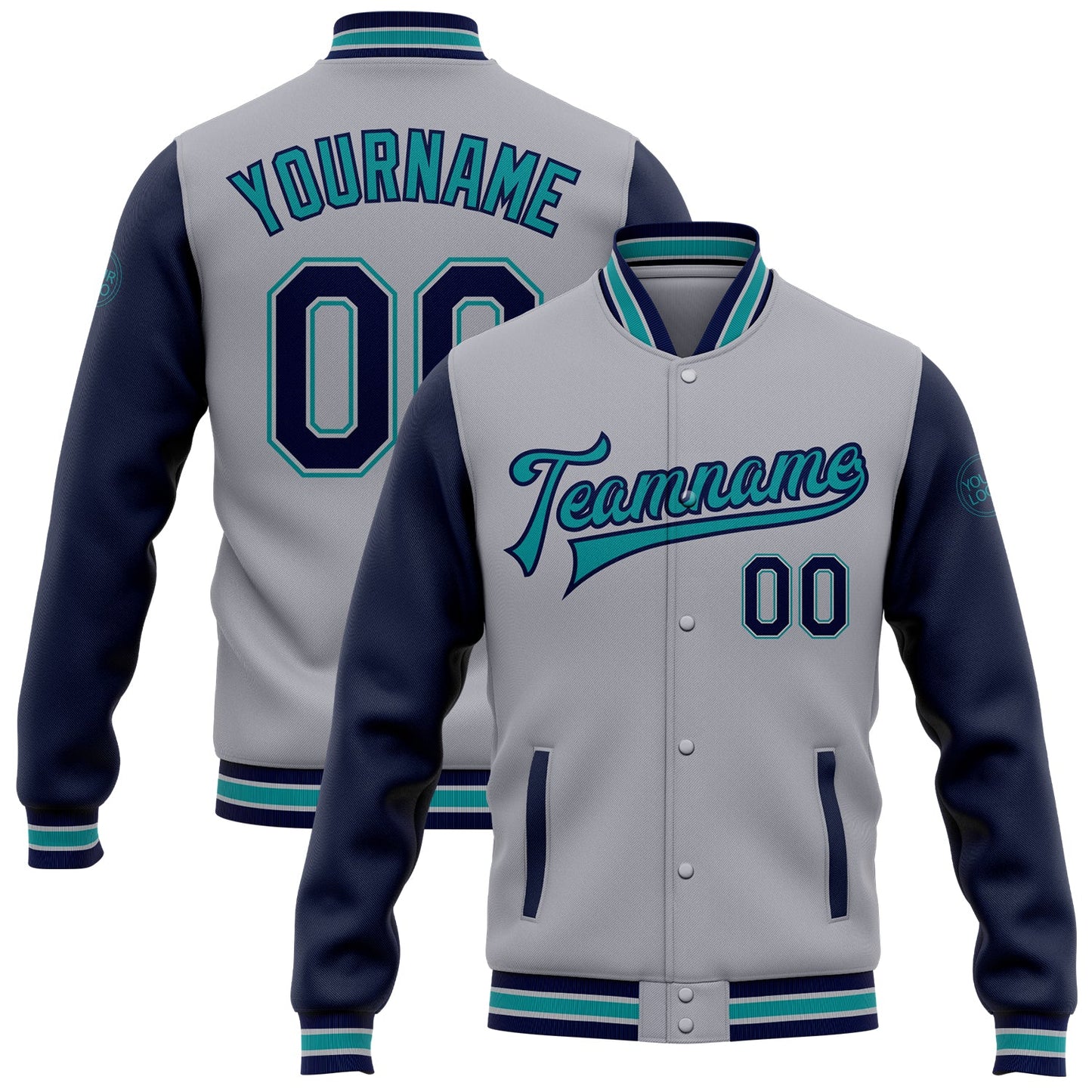 Custom Gray Navy-Teal Bomber Full-Snap Varsity Letterman Two Tone Jacket - Main View