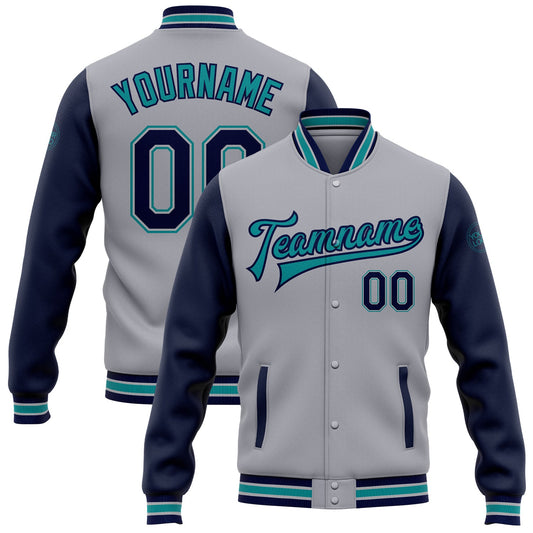 Custom Gray Navy-Teal Bomber Full-Snap Varsity Letterman Two Tone Jacket - Main View