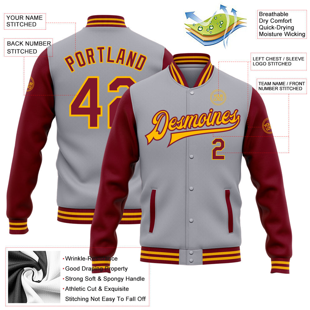 Custom Gray Crimson-Gold Bomber Full-Snap Varsity Letterman Two Tone Jacket view 5