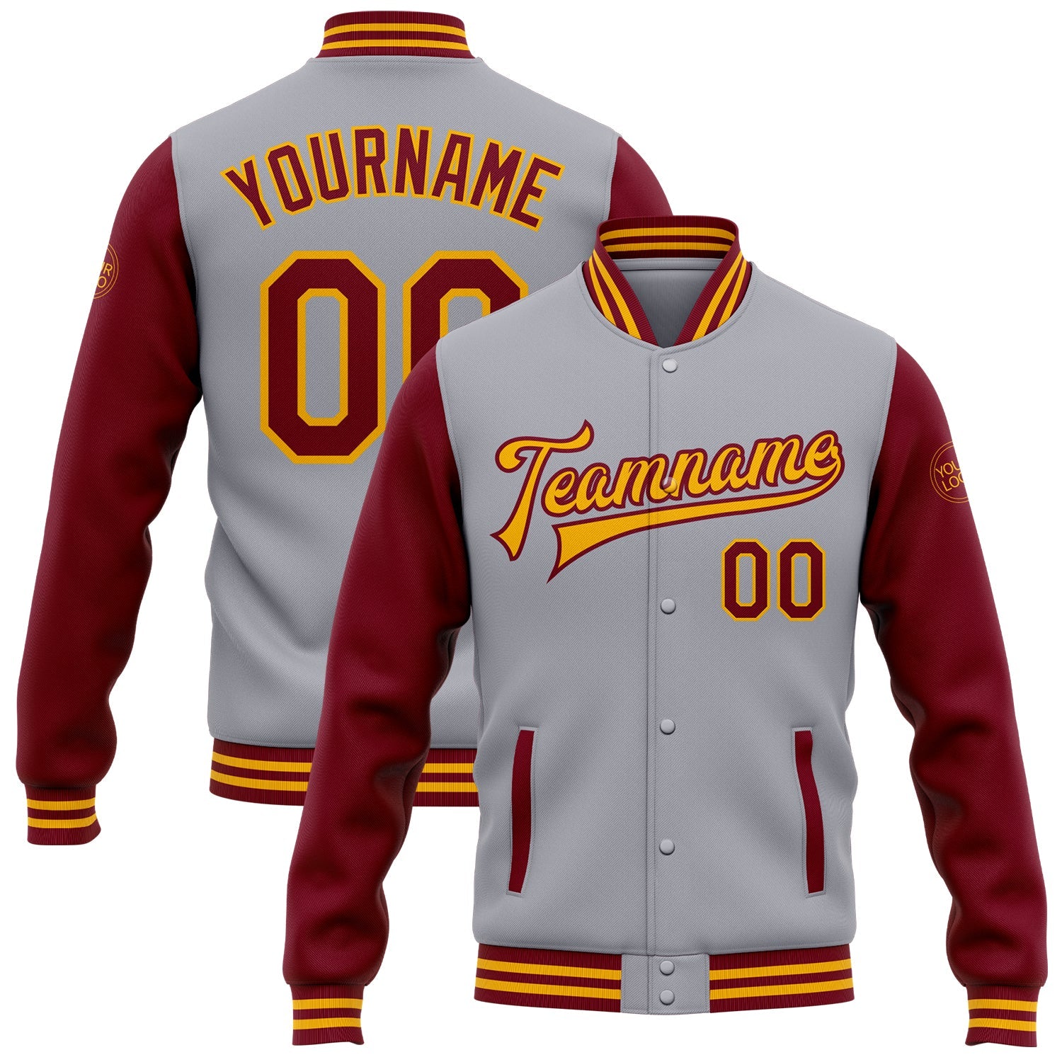 Custom Gray Crimson-Gold Bomber Full-Snap Varsity Letterman Two Tone Jacket - Main View