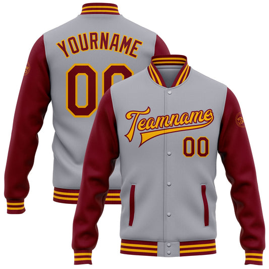 Custom Gray Crimson-Gold Bomber Full-Snap Varsity Letterman Two Tone Jacket - Main View