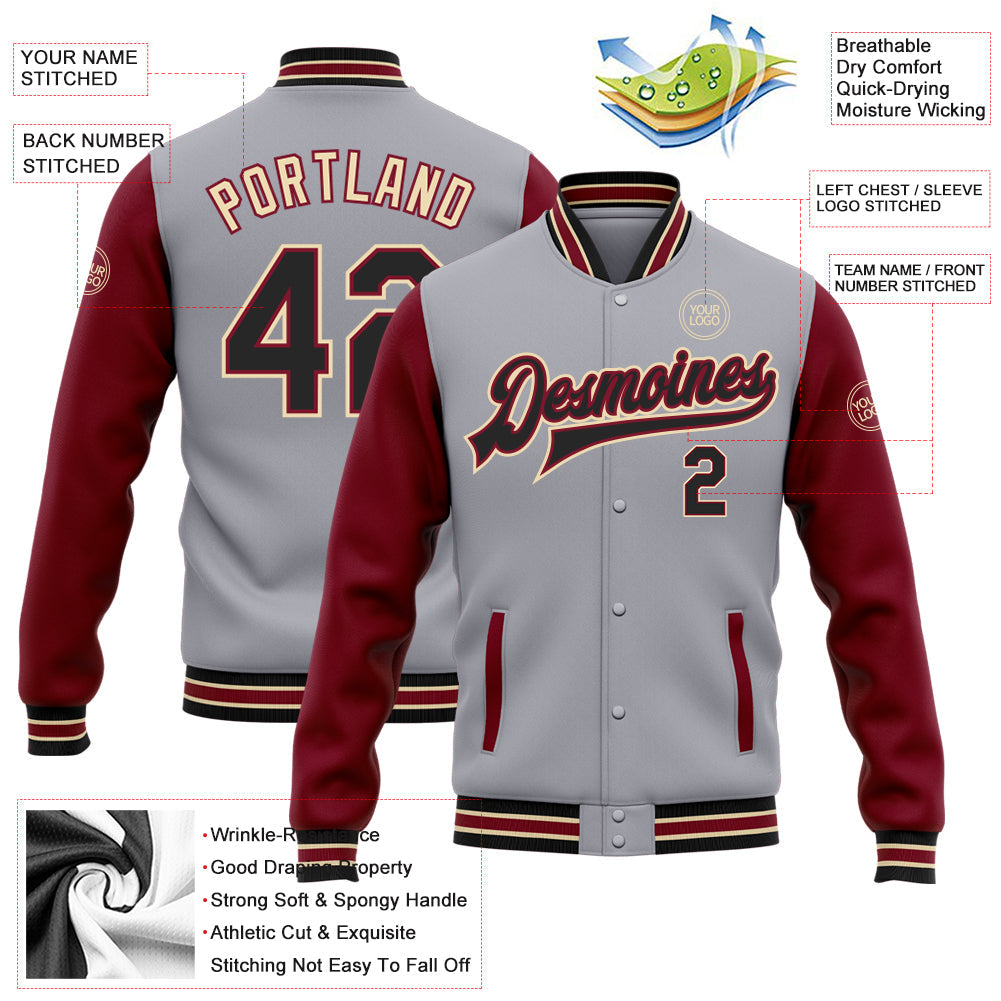 Custom Gray Black Crimson-City Cream Bomber Full-Snap Varsity Letterman Two Tone Jacket view 5