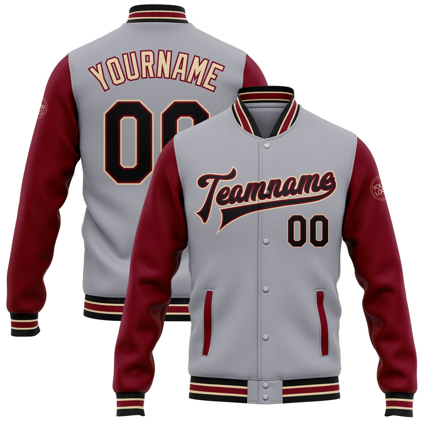 Custom Gray Black Crimson-City Cream Bomber Full-Snap Varsity Letterman Two Tone Jacket - Main View