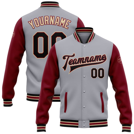 Custom Gray Black Crimson-City Cream Bomber Full-Snap Varsity Letterman Two Tone Jacket - Main View