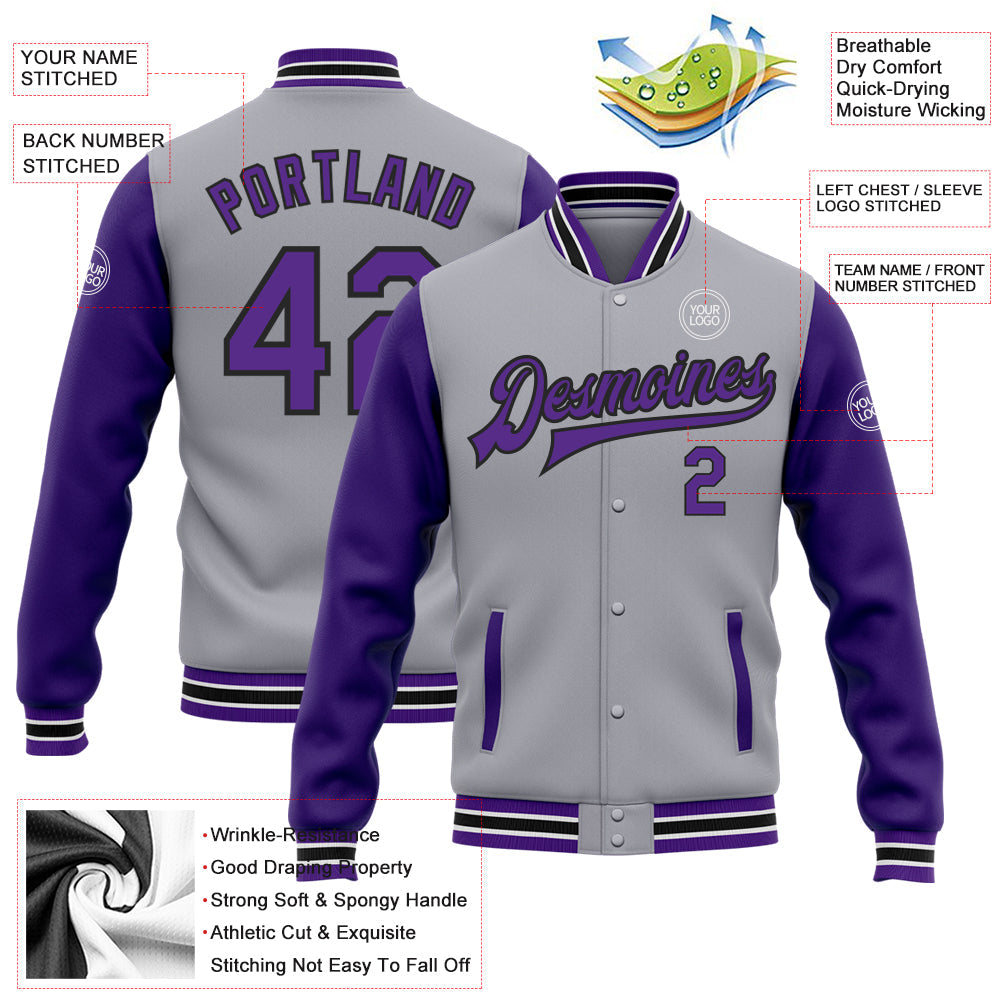 Custom Gray Purple-Black Bomber Full-Snap Varsity Letterman Two Tone Jacket view 5