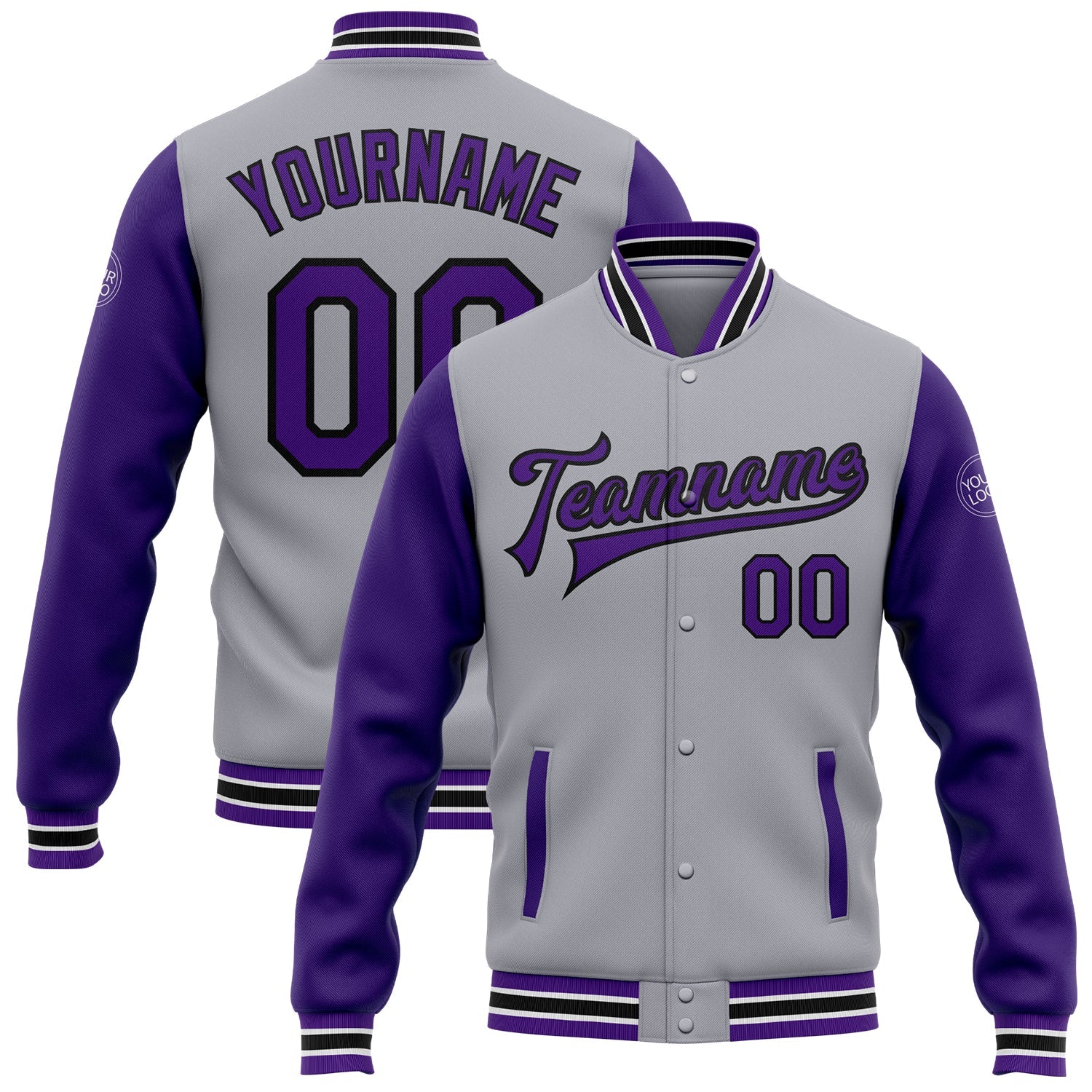 Custom Gray Purple-Black Bomber Full-Snap Varsity Letterman Two Tone Jacket - Main View