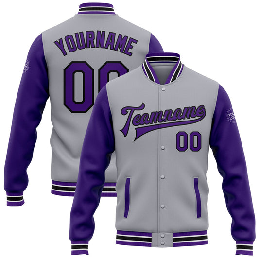 Custom Gray Purple-Black Bomber Full-Snap Varsity Letterman Two Tone Jacket - Main View