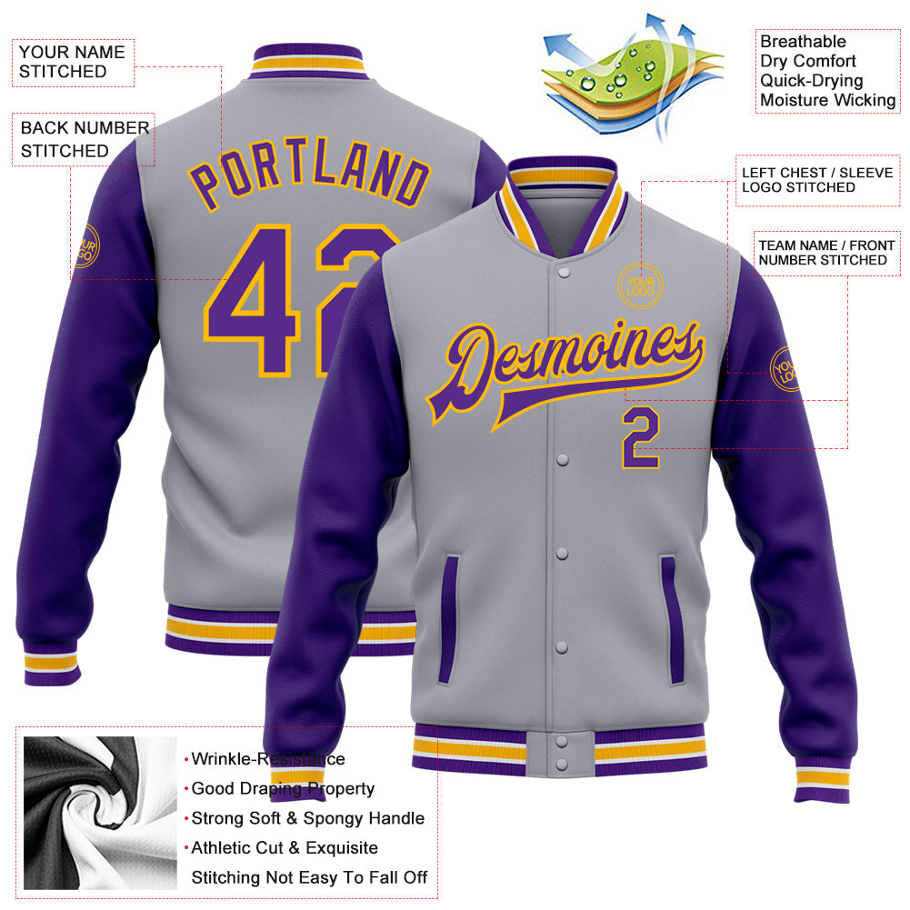 Custom Gray Purple-Gold Bomber Full-Snap Varsity Letterman Two Tone Jacket view 5