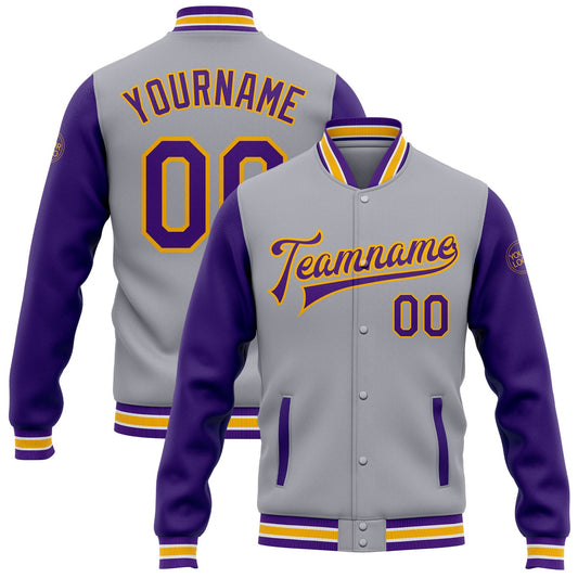 Custom Gray Purple-Gold Bomber Full-Snap Varsity Letterman Two Tone Jacket - Main View