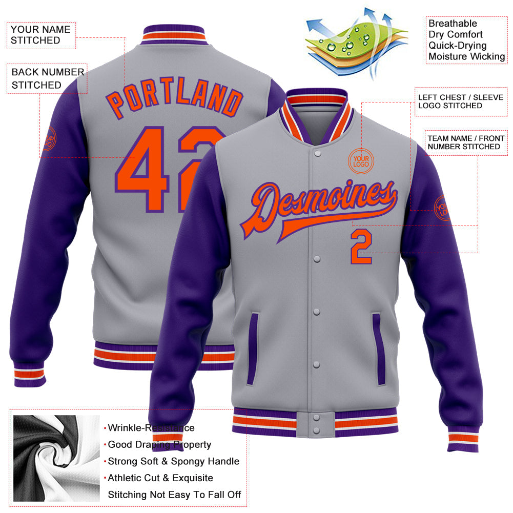 Custom Gray Orange-Purple Bomber Full-Snap Varsity Letterman Two Tone Jacket view 5