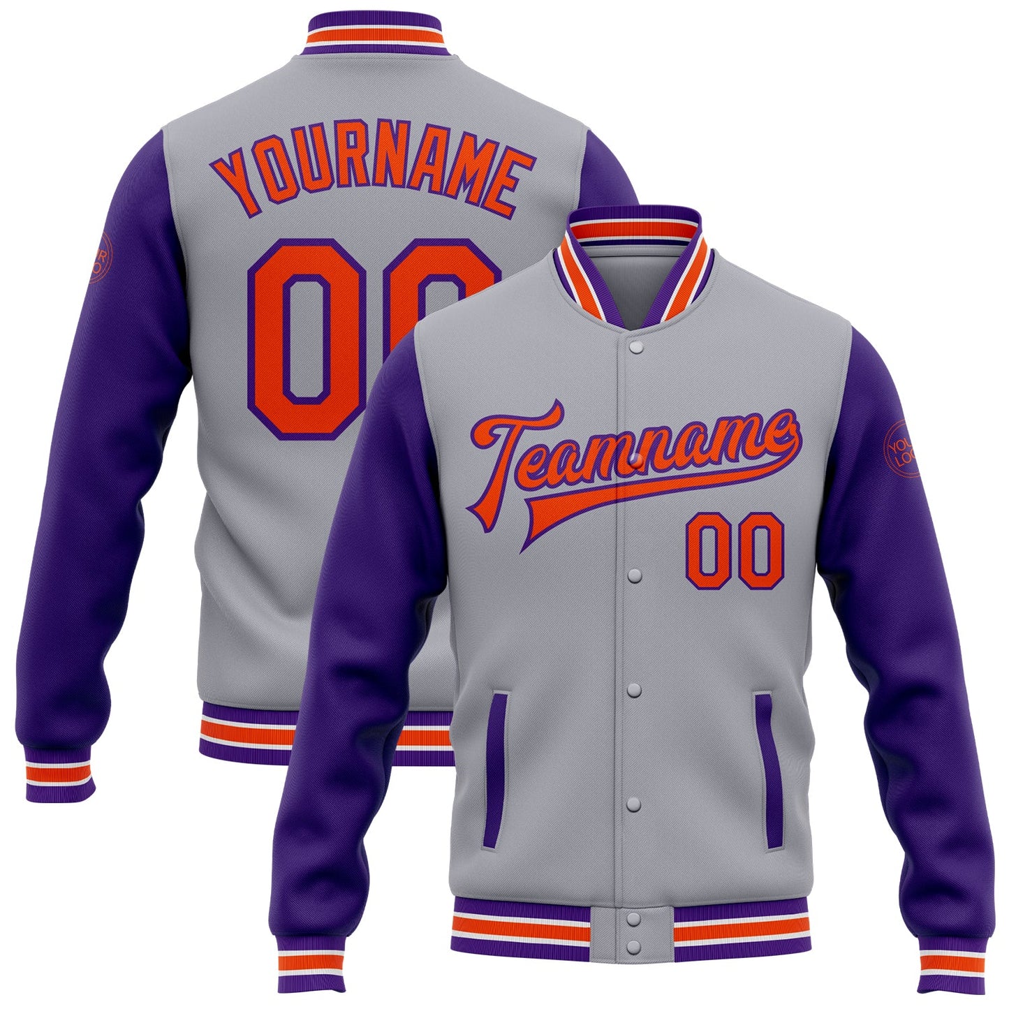Custom Gray Orange-Purple Bomber Full-Snap Varsity Letterman Two Tone Jacket - Main View