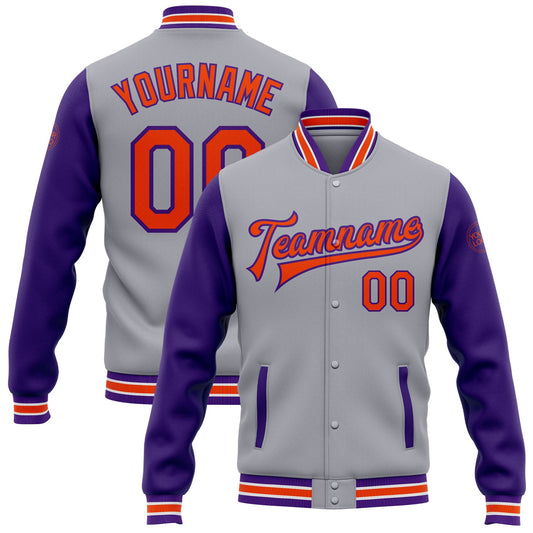 Custom Gray Orange-Purple Bomber Full-Snap Varsity Letterman Two Tone Jacket - Main View