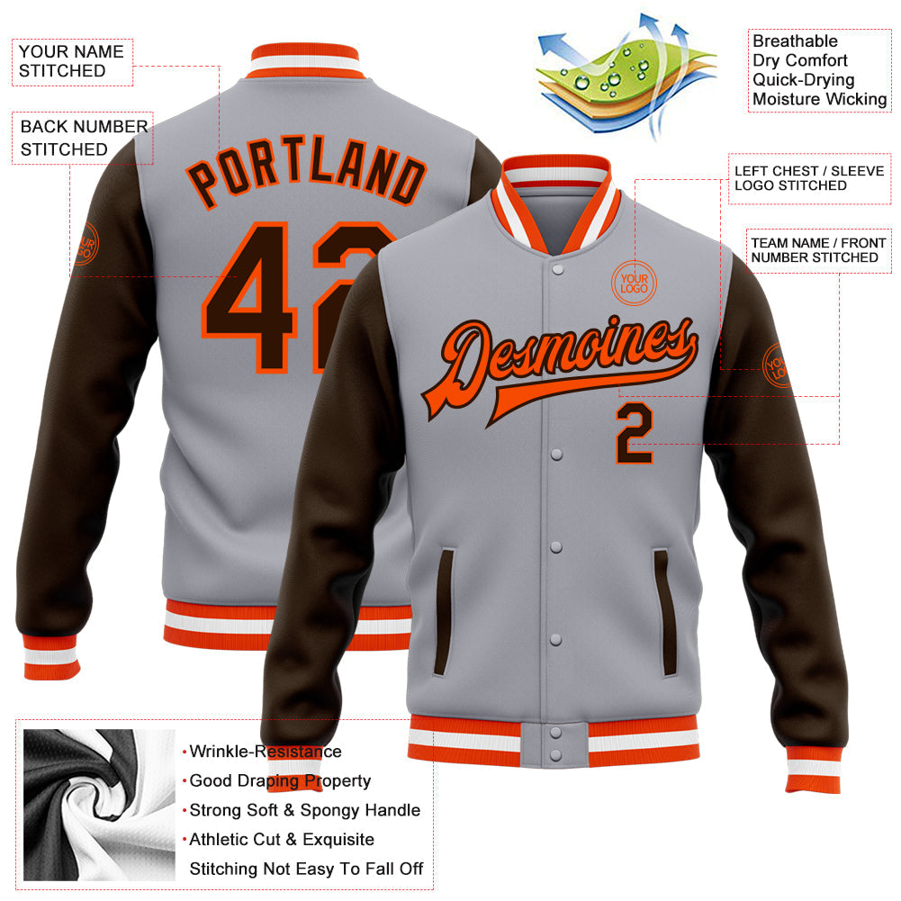 Custom Gray Brown-Orange Bomber Full-Snap Varsity Letterman Two Tone Jacket view 5