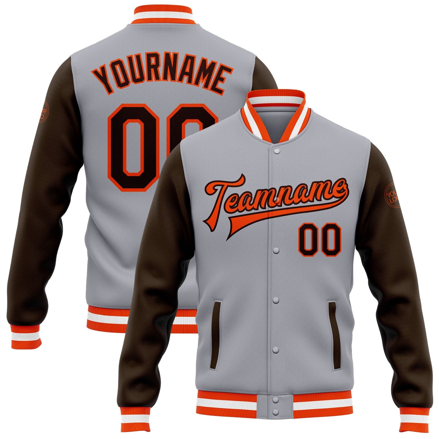 Custom Gray Brown-Orange Bomber Full-Snap Varsity Letterman Two Tone Jacket - Main View