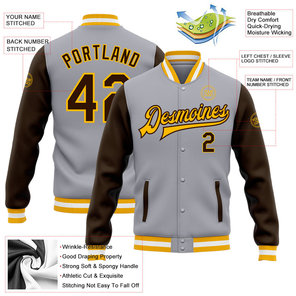 Custom Gray Brown-Gold Bomber Full-Snap Varsity Letterman Two Tone Jacket view 5
