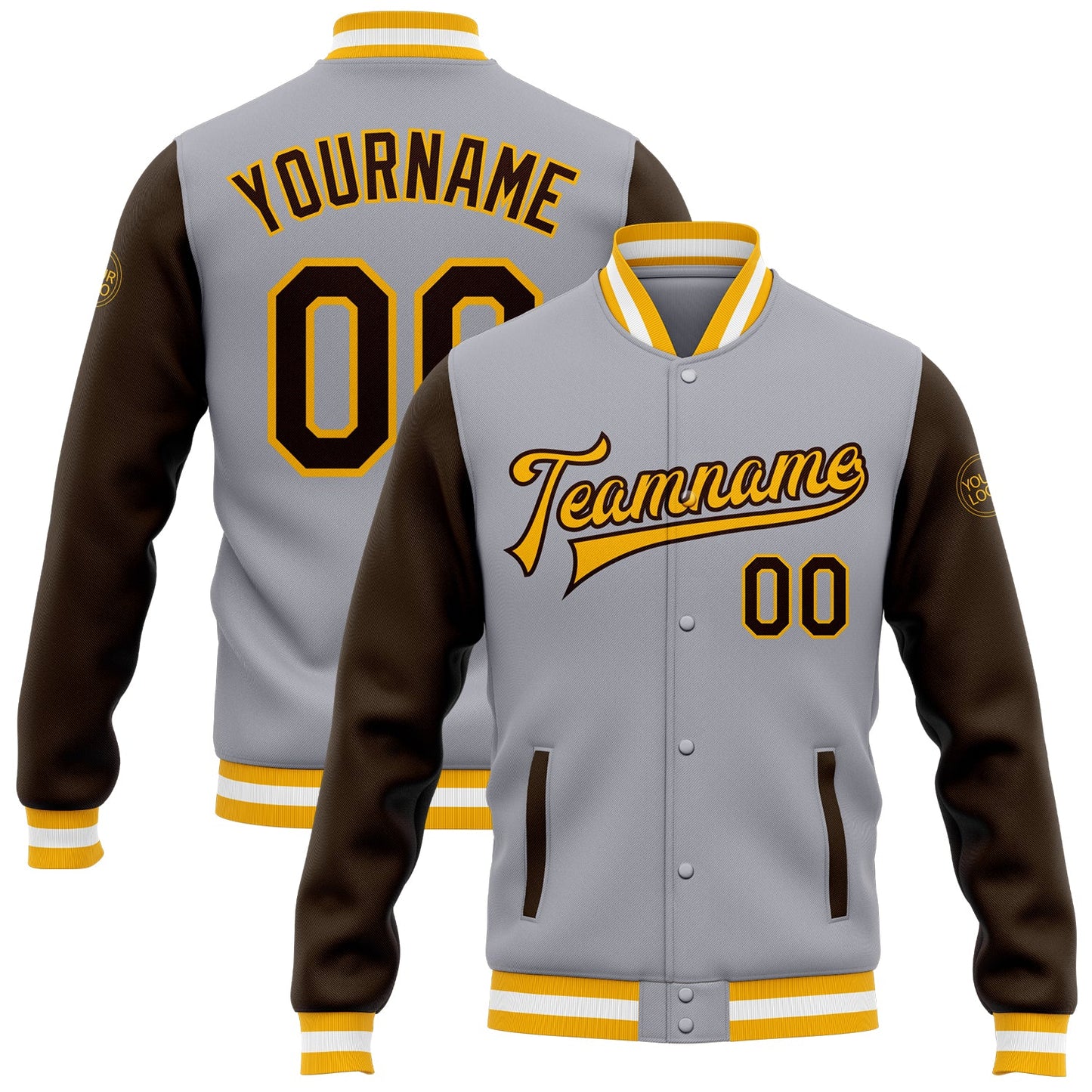 Custom Gray Brown-Gold Bomber Full-Snap Varsity Letterman Two Tone Jacket - Main View